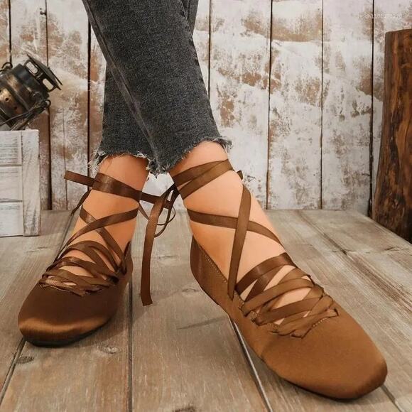 ZARA Lace Up Ballet Flats NWT Ochre Brown Satin Effect Size 7.5 - Picture 10 of 16